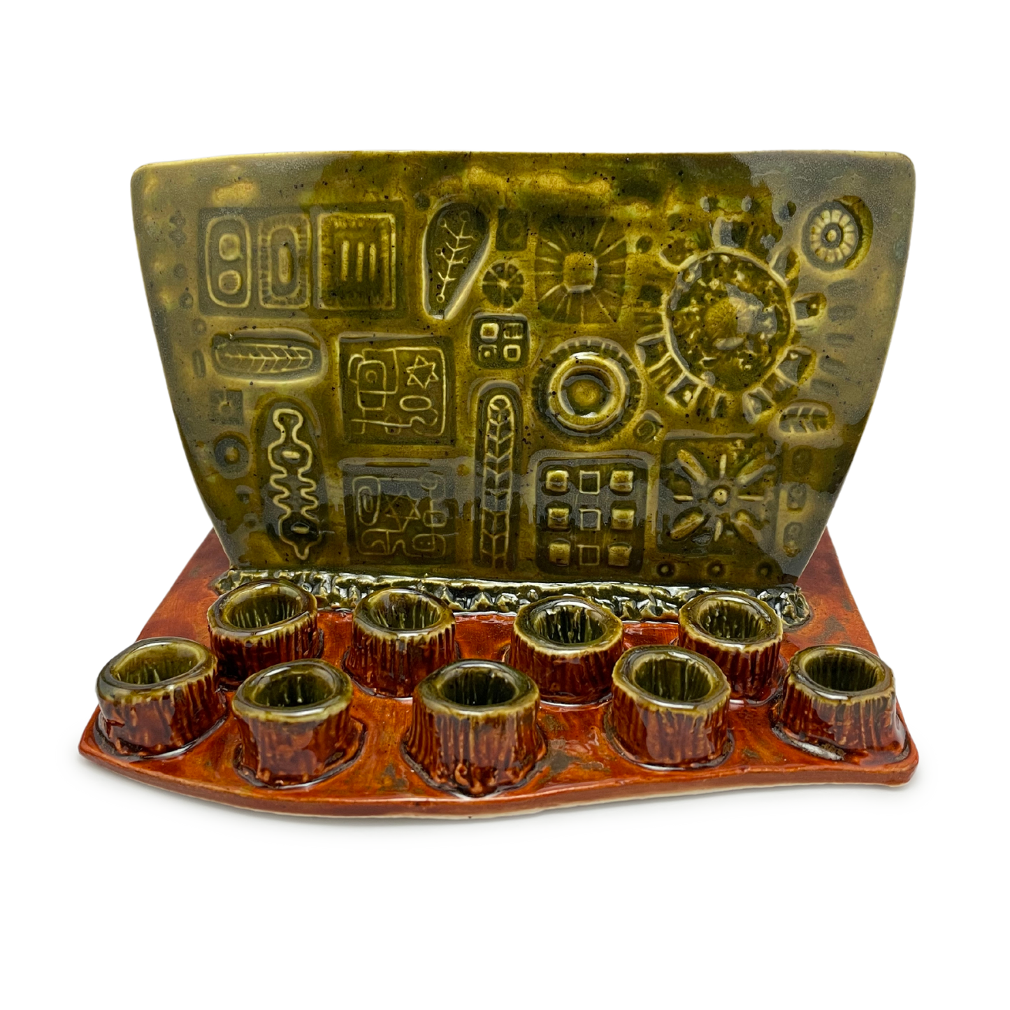 Handmade Menorah for Hannukah - Judaica for Chanukkah / Hanukkah, Jewish Wedding Gift vintage retro style olive green burnt orange functional art one of a kind detailed embellishments and handcrafted in california usa by Shana Ostrowiecki
