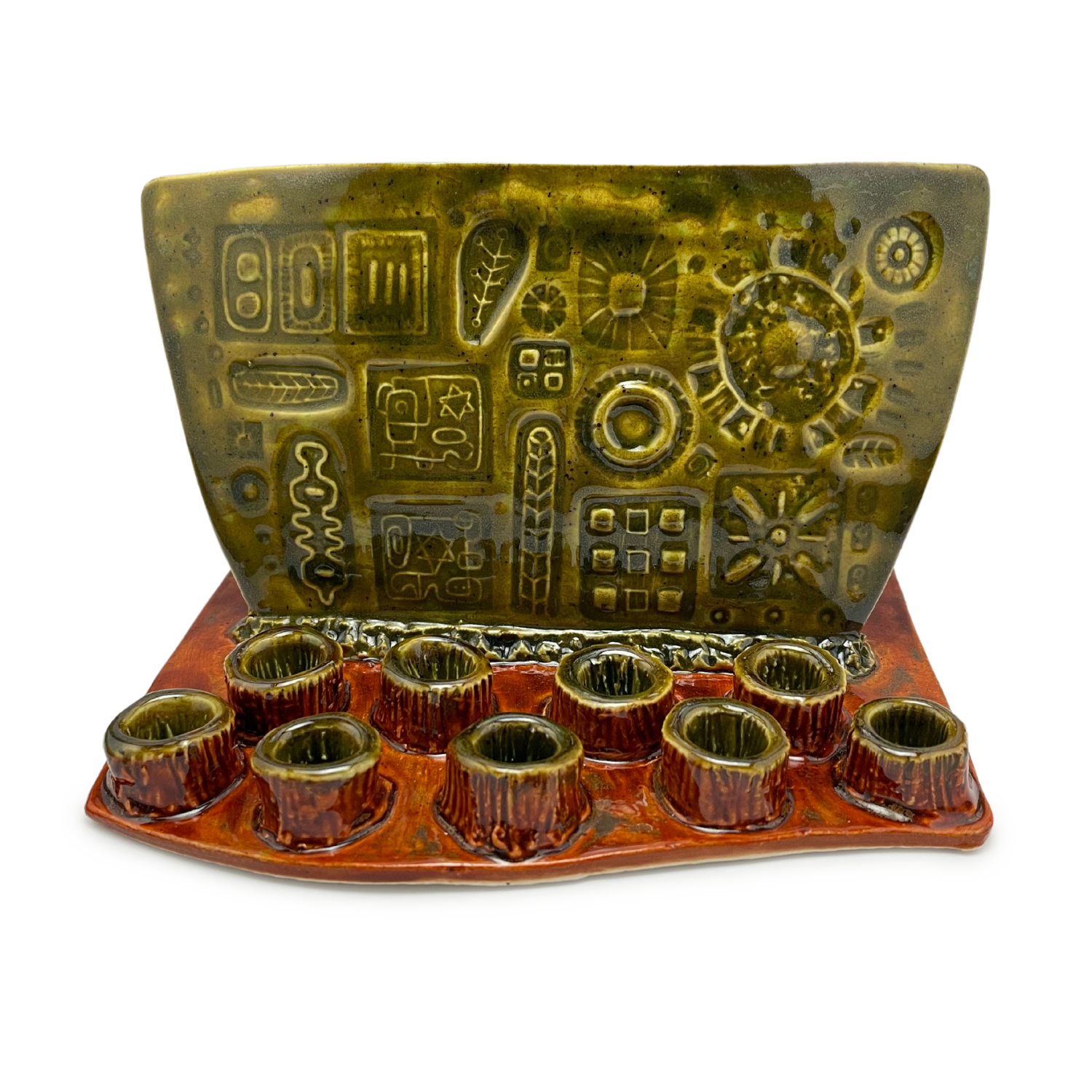 Handmade Menorah for Hannukah - Judaica for Chanukkah / Hanukkah, Jewish Wedding Gift vintage retro style olive green burnt orange functional art one of a kind detailed embellishments and handcrafted in california usa by Shana Ostrowiecki