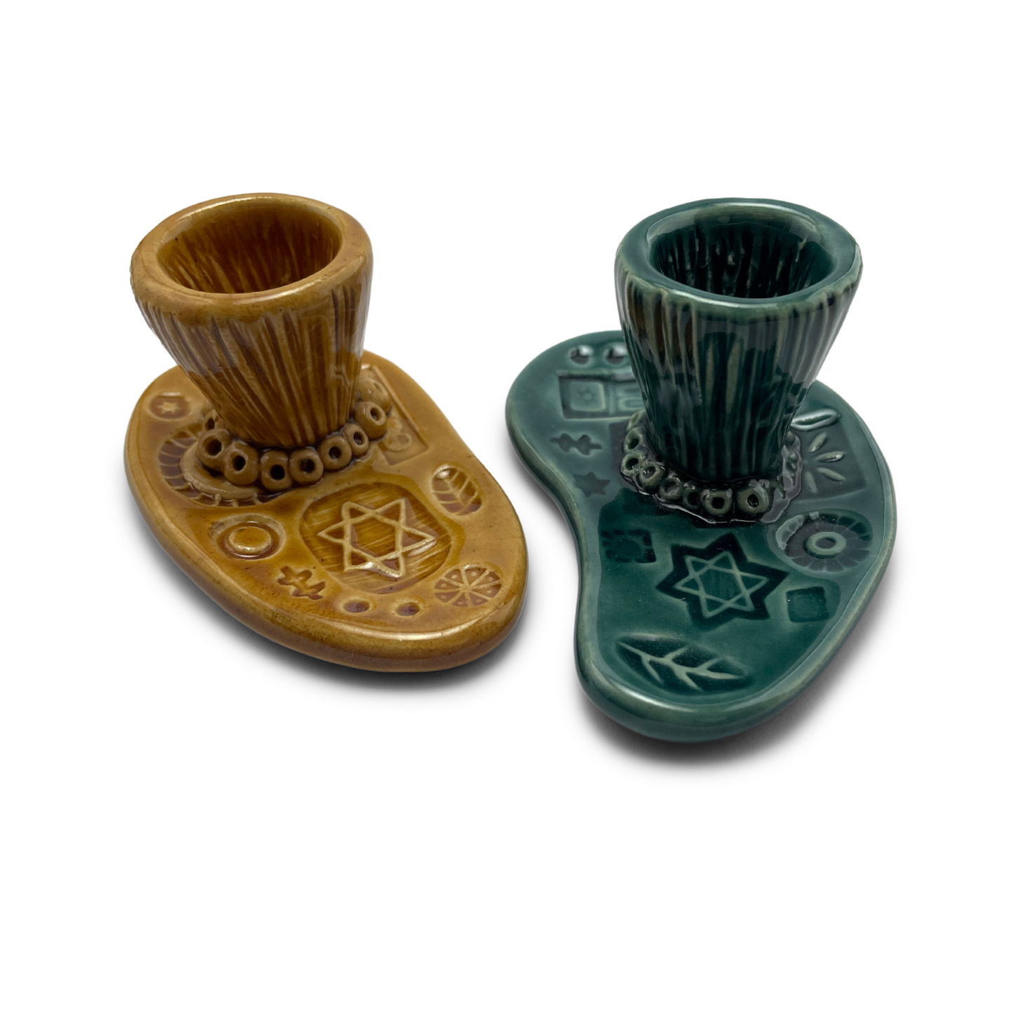 Jewish pottery shabbat candle holder for candlesticks, ceramic handmade sabbath day candle stand holder for jewish sabbath, handmade pottery for judaism shabbat judaica store and jewish gifts. Handcrafted jewish art by judaica artist Shana Ostrowiecki in California, made in the usa. Handpainted and one of a kind teal blue mustard yellow