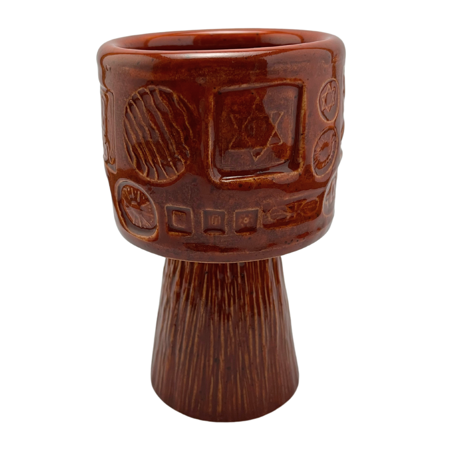 Jewish kiddish cup shabbat, ceramic handmade sabbath day cups, judaica store for judaism, painted pottery glasses shabbos, jewish gifts, jewish wedding, judaica art by Shana Ostrowiecki made in California, usa vintage style  reddish brown burnt orange stemware