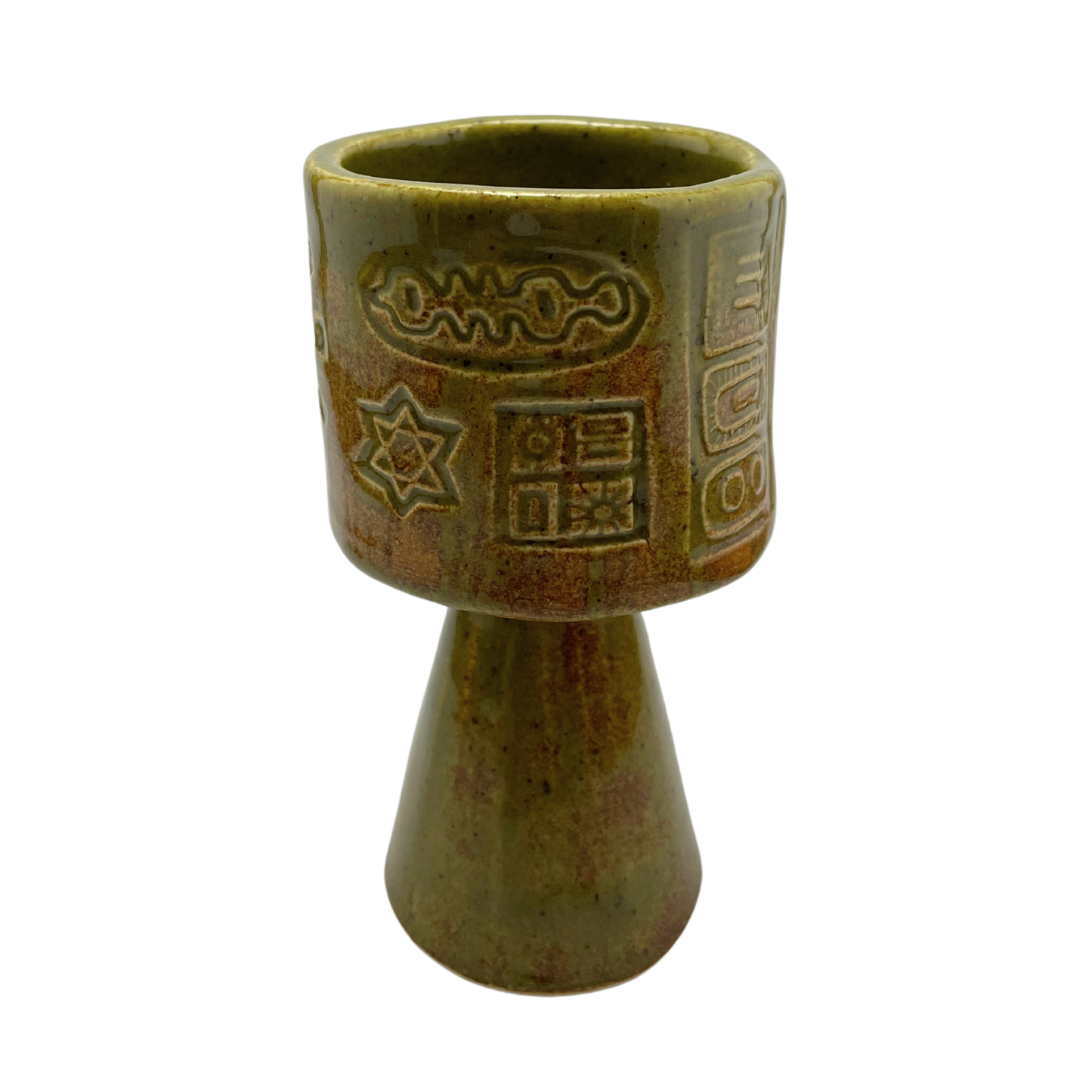 Jewish kiddish cup shabbat, ceramic handmade sabbath day cups, judaica store for judaism, painted pottery glasses shabbos, jewish gifts, jewish wedding, judaica art by Shana Ostrowiecki made in California, usa vintage style stemware green brown olive