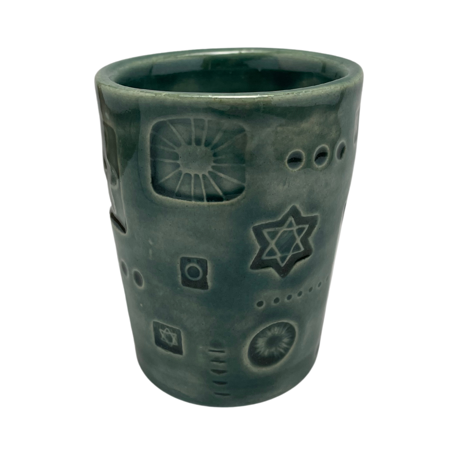 Jewish kiddush cup shabbat, ceramic handmade sabbath day cups, judaica store for judaism, painted pottery glasses shabbos, jewish gifts, jewish wedding, judaica art by Shana Ostrowiecki made in California, usa vintage style teal blue turquoise