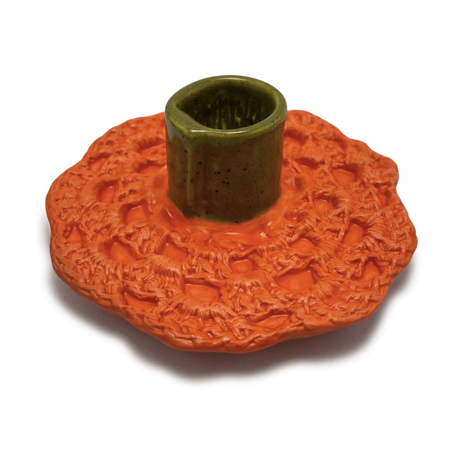 handmade one of a kind crochet ceramic candle holder, by shana ostrowiecki in california one of a kind tapered or shabbat candles bright orange olive green vintage style