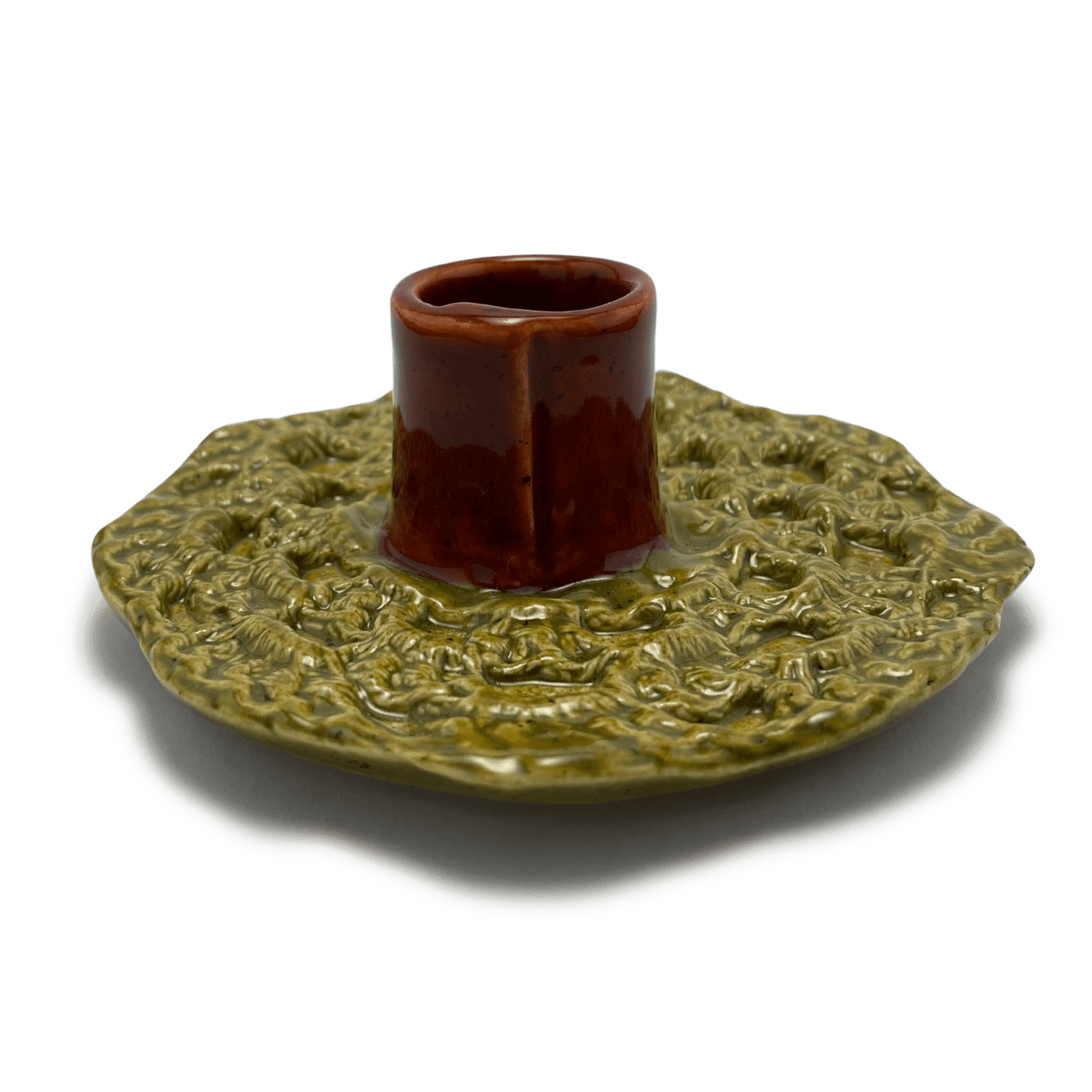 handmade one of a kind crochet ceramic candle holder, by shana ostrowiecki in california one of a kind tapered or shabbat candles vintage styleolive green burnt orange