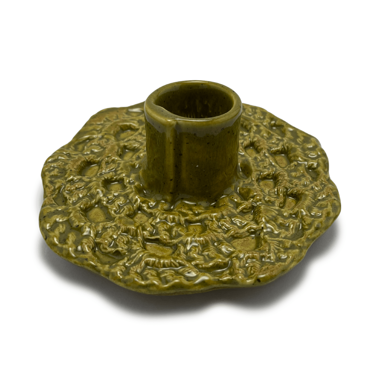 handmade one of a kind crochet ceramic candle holder, by shana ostrowiecki in california one of a kind tapered or shabbat candles vintage style olive green