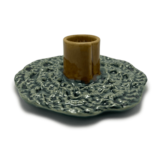 handmade one of a kind crochet ceramic candle holder, by shana ostrowiecki in california one of a kind tapered or shabbat candles vintage style mustard yellow teal blue turquoise