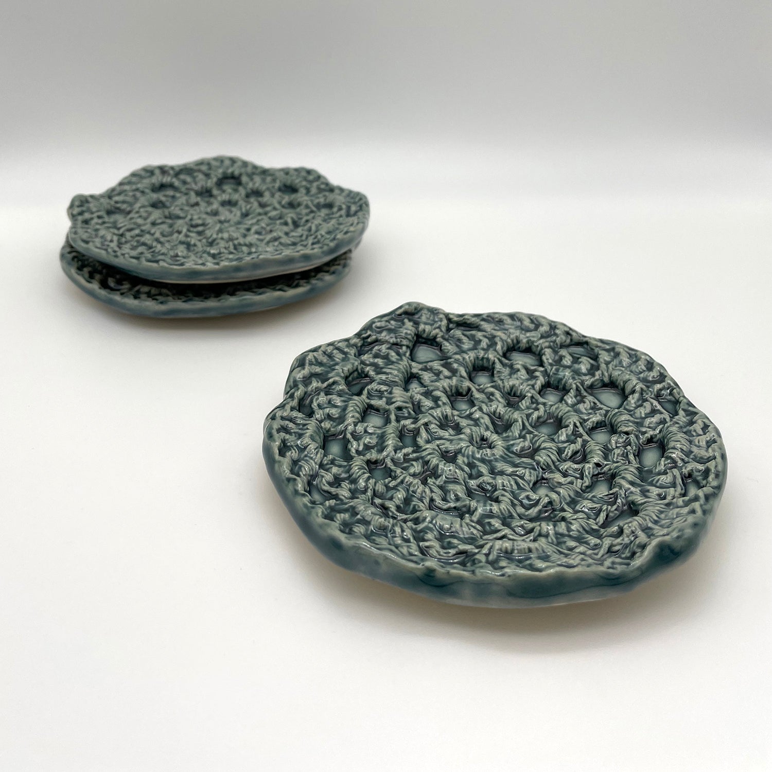 Handcrafted ceramic ring holder – a large crochet-inspired jewelry dish, perfect for rings and earrings teal