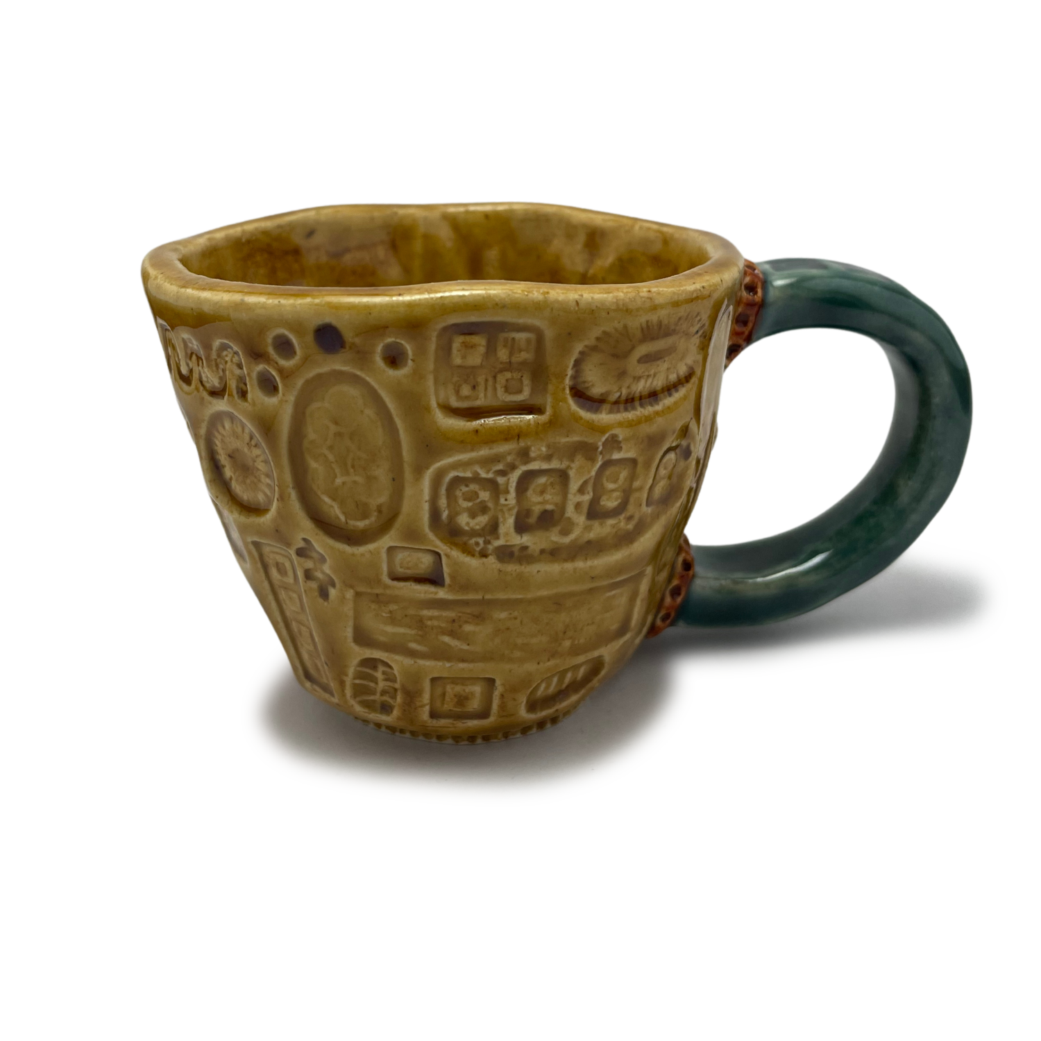 mug or tea cup handmade ceramics, pottery yellow teal turquoise burnt orange accents small