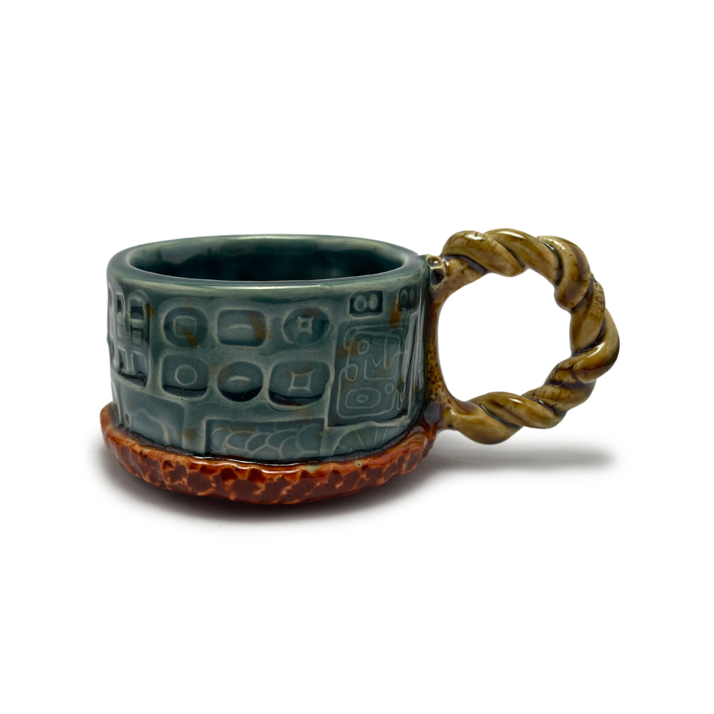 ceramic pottery handmade coffee mug or tea cup made in california teal blue mustard yellow brown reddish burnt orange