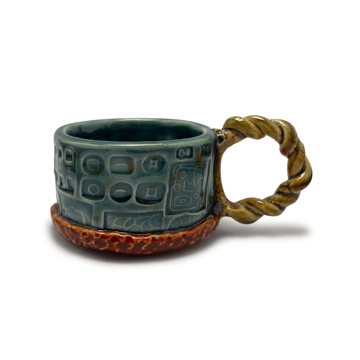ceramic pottery handmade coffee mug or tea cup made in california teal blue mustard yellow brown reddish burnt orange