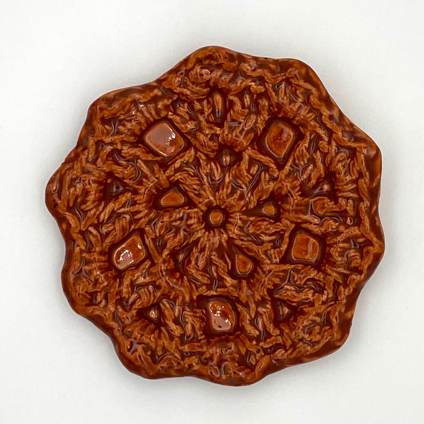 Luxury ceramic crochet ring dish – a small, handmade jewelry holder perfect for a thoughtful gift for her burnt orange