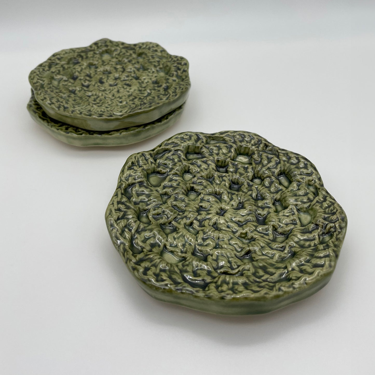 Luxury handmade ceramic ring dish – a large, elegant jewelry holder with crochet-style texture. green shana ostrowiecki