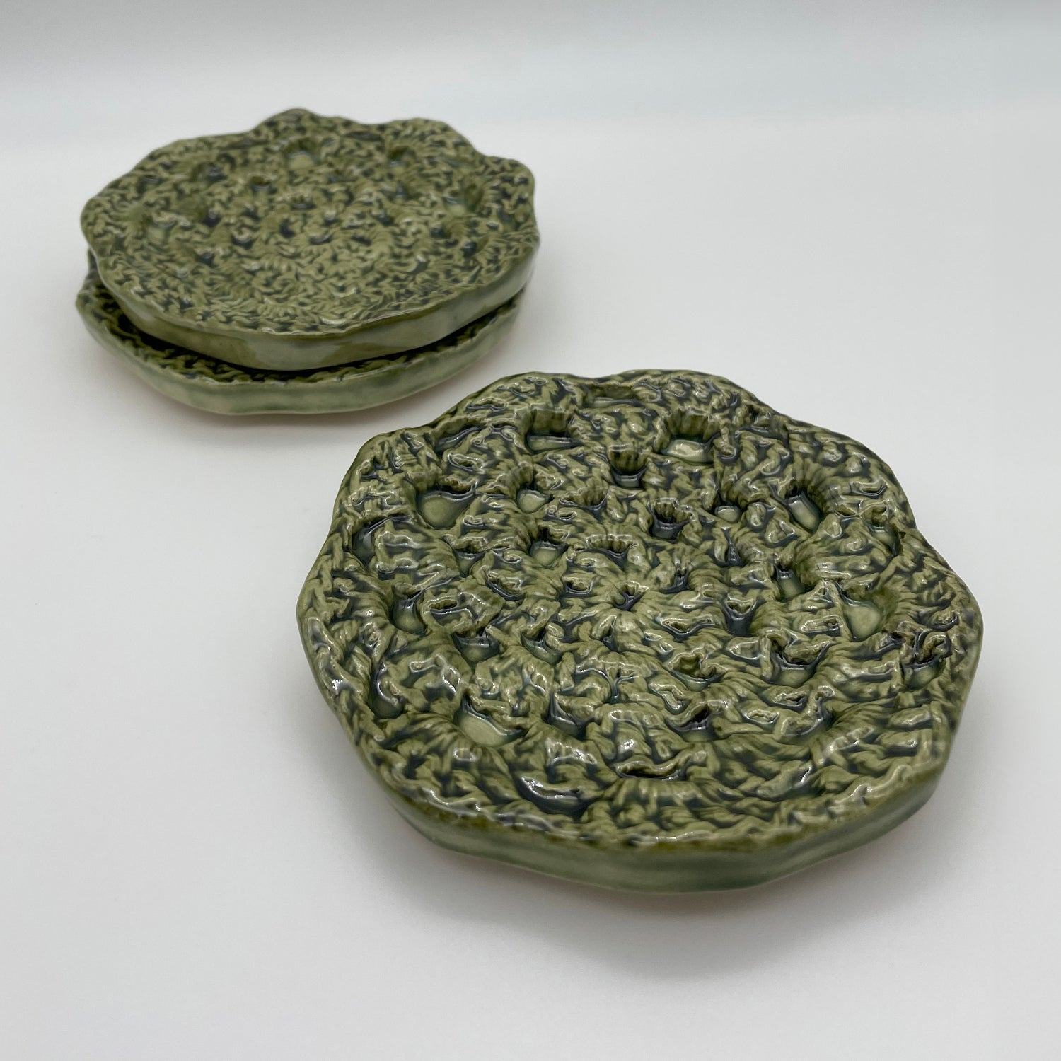 Luxury handmade ceramic ring dish – a large, elegant jewelry holder with crochet-style texture. green shana ostrowiecki