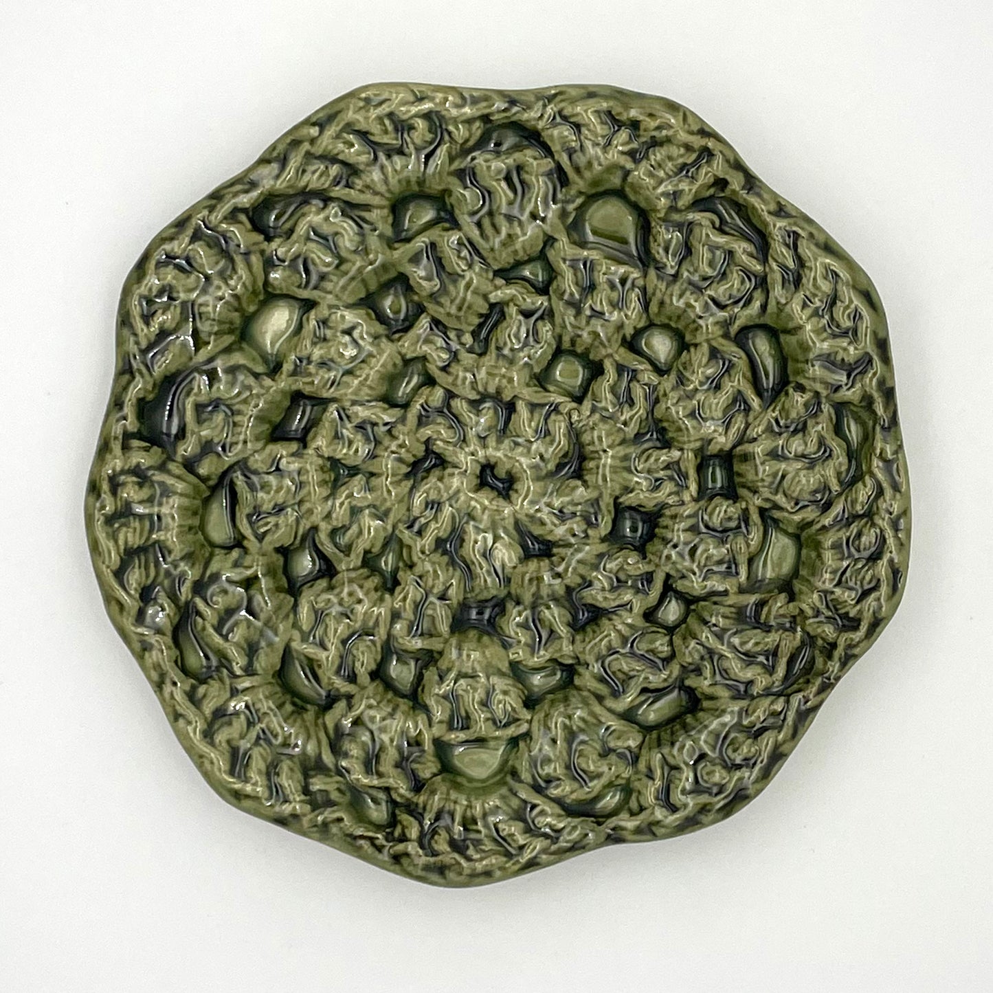 Luxury handmade ceramic jewelry catch-all tray with a unique crochet texture for stylish storage green