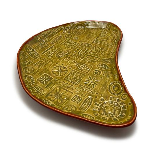 Ceramics Dish Platter Tray for Kitchen or Serving, pottery dinnerware and homeware, vintage style home decor, jewelry dish or catch all, decorative center piece fruit bowl, detailed one of a kind yellow green burnt orange