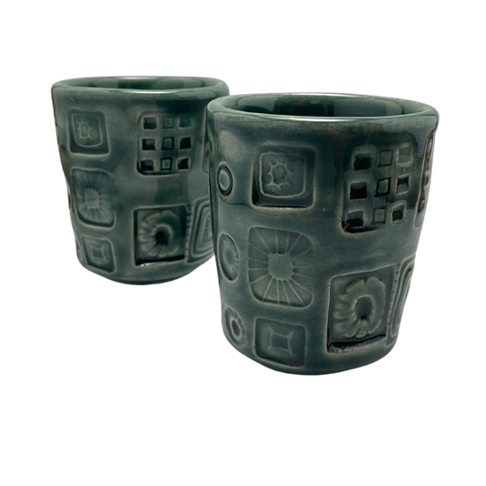 Handmade Cups Set vintage pottery style wine tumblers retro ceramics drinking glasses for wine coffee tea shabbat kiddush drinkware kitchen home teal blue turquoise