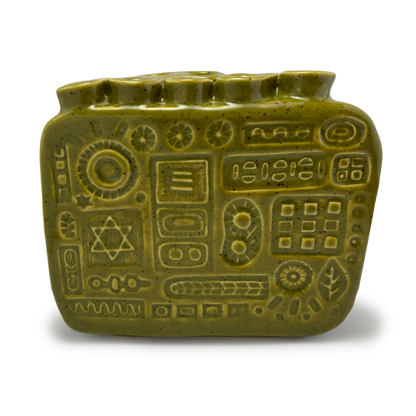 Handmade Menorah for Hannukah - Judaica for Chanukkah / Hanukkah, Jewish Wedding Gift vintage retro style olive green functional art one of a kind detailed embellishments and handcrafted in california usa by Shana Ostrowiecki