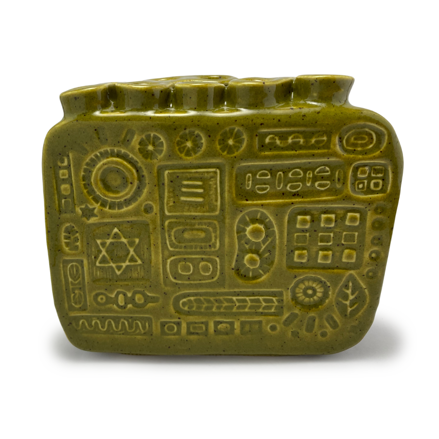 Handmade Menorah for Hannukah - Judaica for Chanukkah / Hanukkah, Jewish Wedding Gift vintage retro style olive green functional art one of a kind detailed embellishments and handcrafted in california usa by Shana Ostrowiecki