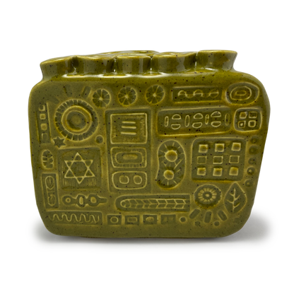 Handmade Menorah for Hannukah - Judaica for Chanukkah / Hanukkah, Jewish Wedding Gift vintage retro style olive green functional art one of a kind detailed embellishments and handcrafted in california usa by Shana Ostrowiecki