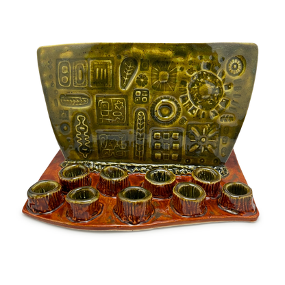 Handmade Menorah for Hannukah - Judaica for Chanukkah / Hanukkah, Jewish Wedding Gift vintage retro style olive green burnt orange functional art one of a kind detailed embellishments and handcrafted in california usa by Shana Ostrowiecki