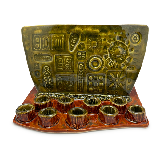 Handmade Menorah for Hannukah - Judaica for Chanukkah / Hanukkah, Jewish Wedding Gift vintage retro style olive green burnt orange functional art one of a kind detailed embellishments and handcrafted in california usa by Shana Ostrowiecki