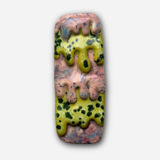Handmade Ceramic mezuzah with pink and green dopamine decor glaze handpainted judaica