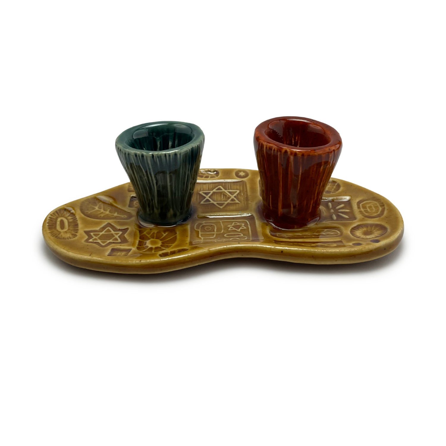Jewish pottery shabbat candle holder for candlesticks, ceramic handmade sabbath day candle stand holder for jewish sabbath, handmade pottery for judaism shabbat judaica store and jewish gifts. Handcrafted jewish art by judaica artist Shana Ostrowiecki in California, made in the usa. Handpainted and one of a kind teal blue burnt orange mustard yellow