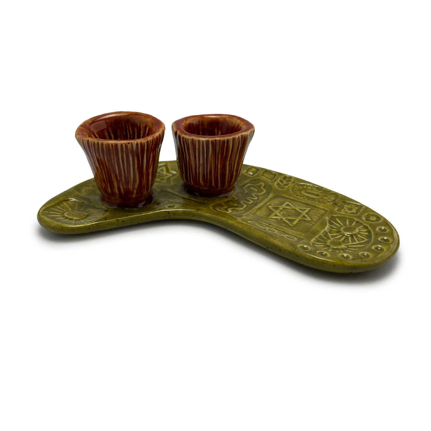 Jewish pottery shabbat candle holder for candlesticks, ceramic handmade sabbath day candle stand holder for jewish sabbath, handmade pottery for judaism shabbat judaica store and jewish gifts. Handcrafted jewish art by judaica artist Shana Ostrowiecki in California, made in the usa. Handpainted and one of a kind burnt orange olive green