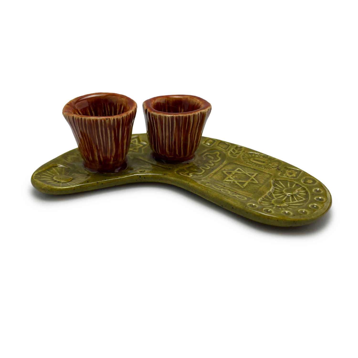 Jewish pottery shabbat candle holder for candlesticks, ceramic handmade sabbath day candle stand holder for jewish sabbath, handmade pottery for judaism shabbat judaica store and jewish gifts. Handcrafted jewish art by judaica artist Shana Ostrowiecki in California, made in the usa. Handpainted and one of a kind burnt orange olive green