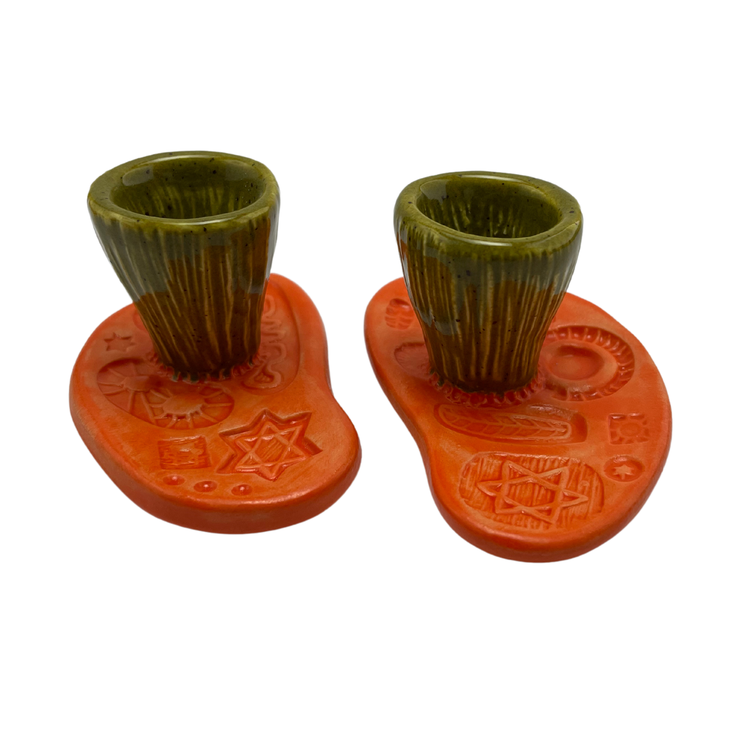 Jewish pottery shabbat candle holder for candlesticks, ceramic handmade sabbath day candle stand holder for jewish sabbath, handmade pottery for judaism shabbat judaica store and jewish gifts. Handcrafted jewish art by judaica artist Shana Ostrowiecki in California, made in the usa. handpainted and one of a kind orange green