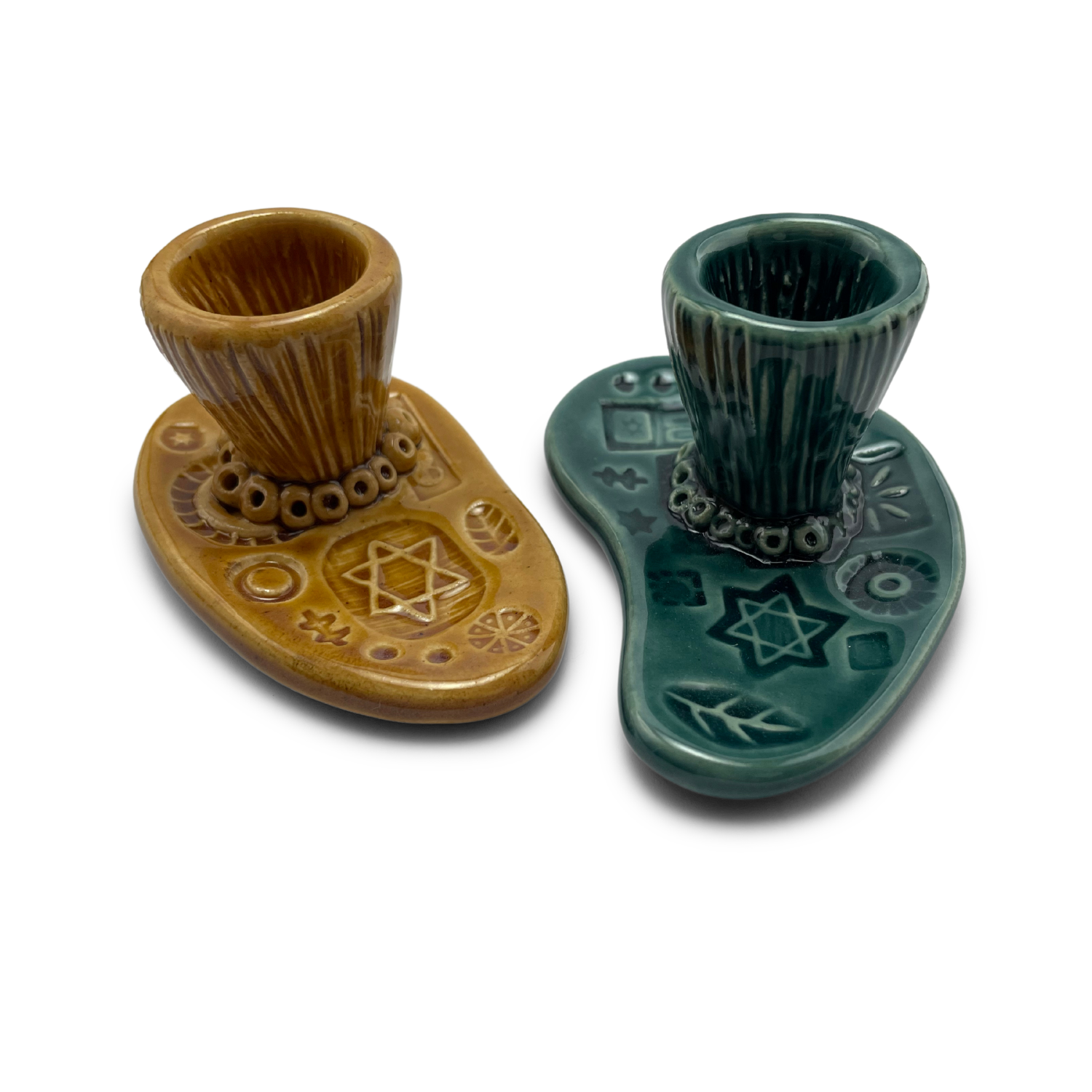 Jewish pottery shabbat candle holder for candlesticks, ceramic handmade sabbath day candle stand holder for jewish sabbath, handmade pottery for judaism shabbat judaica store and jewish gifts. Handcrafted jewish art by judaica artist Shana Ostrowiecki in California, made in the usa. Handpainted and one of a kind teal blue mustard yellow