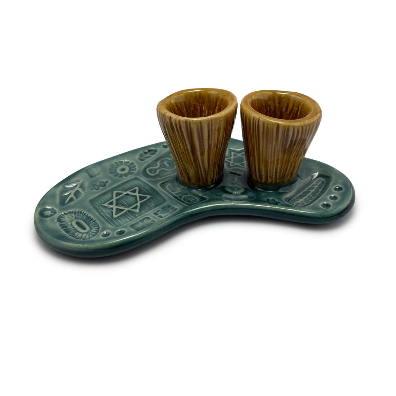 Jewish pottery shabbat candle holder for candlesticks, ceramic handmade sabbath day candle stand holder for jewish sabbath, handmade pottery for judaism shabbat judaica store and jewish gifts. Handcrafted jewish art by judaica artist Shana Ostrowiecki in California, made in the usa. Handpainted and one of a kind teal blue mustard yellow