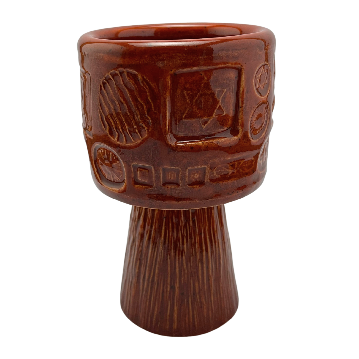 Jewish kiddish cup shabbat, ceramic handmade sabbath day cups, judaica store for judaism, painted pottery glasses shabbos, jewish gifts, jewish wedding, judaica art by Shana Ostrowiecki made in California, usa vintage style  reddish brown burnt orange stemware
