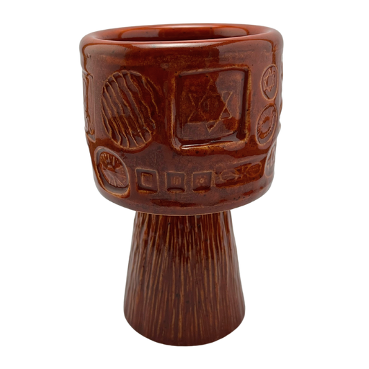 Jewish kiddish cup shabbat, ceramic handmade sabbath day cups, judaica store for judaism, painted pottery glasses shabbos, jewish gifts, jewish wedding, judaica art by Shana Ostrowiecki made in California, usa vintage style  reddish brown burnt orange stemware