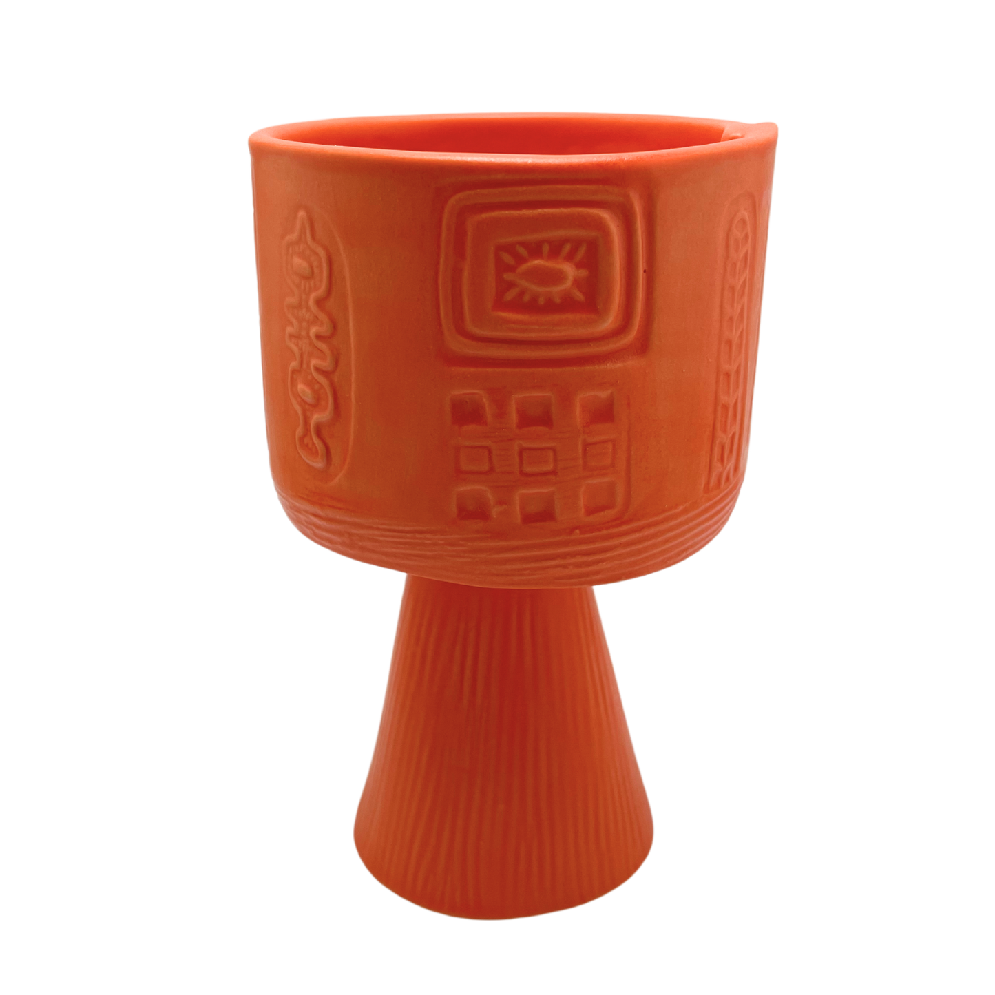 Jewish kiddish cup shabbat, ceramic handmade sabbath day cups, judaica store for judaism, painted pottery glasses shabbos, jewish gifts, jewish wedding, judaica art by Shana Ostrowiecki made in California, usa vintage style stemware bright orange