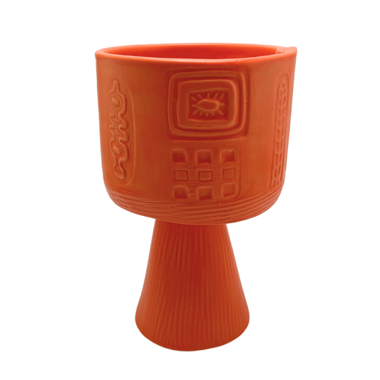 Jewish kiddish cup shabbat, ceramic handmade sabbath day cups, judaica store for judaism, painted pottery glasses shabbos, jewish gifts, jewish wedding, judaica art by Shana Ostrowiecki made in California, usa vintage style stemware bright orange