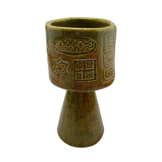 Jewish kiddish cup shabbat, ceramic handmade sabbath day cups, judaica store for judaism, painted pottery glasses shabbos, jewish gifts, jewish wedding, judaica art by Shana Ostrowiecki made in California, usa vintage style stemware green brown olive
