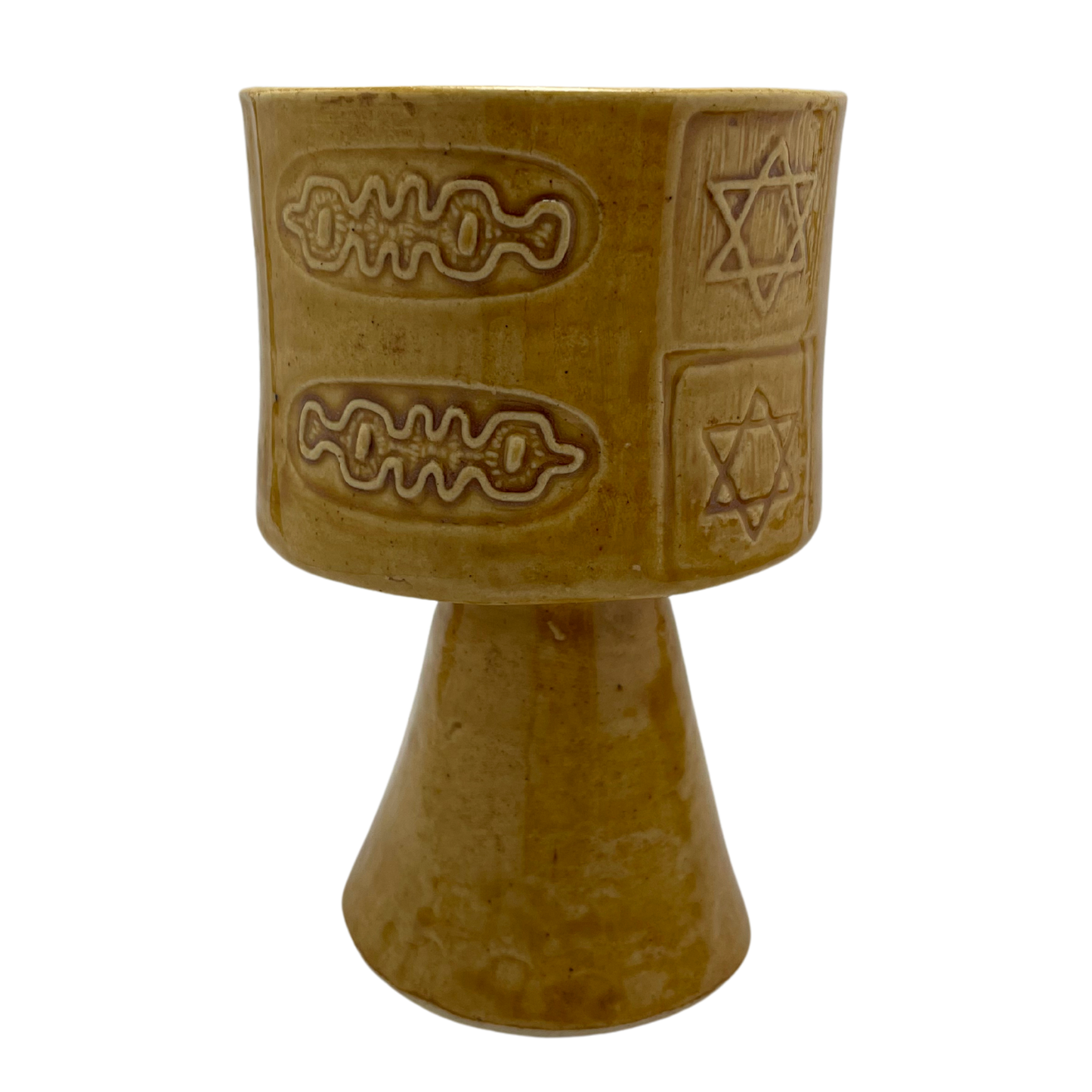 Jewish kiddish cup shabbat, ceramic handmade sabbath day cups, judaica store for judaism, painted pottery glasses shabbos, jewish gifts, jewish wedding, judaica art by Shana Ostrowiecki made in California, usa vintage style stemware mustard yellow