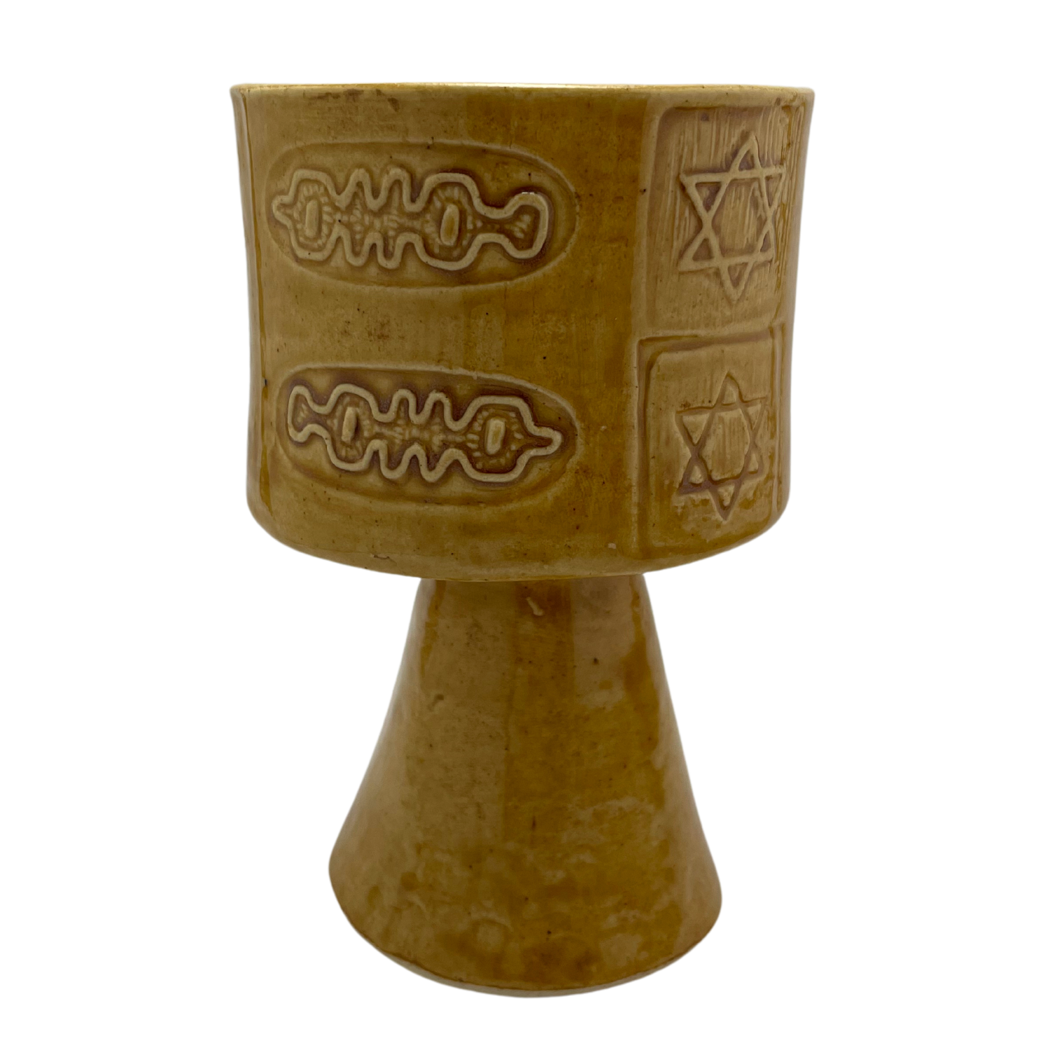 Jewish kiddish cup shabbat, ceramic handmade sabbath day cups, judaica store for judaism, painted pottery glasses shabbos, jewish gifts, jewish wedding, judaica art by Shana Ostrowiecki made in California, usa vintage style stemware mustard yellow