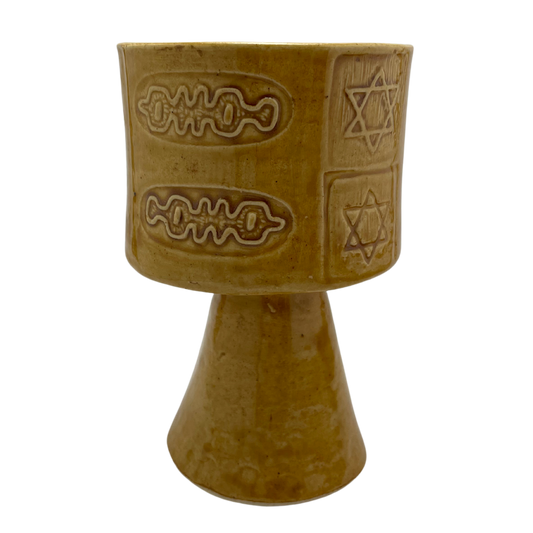 Jewish kiddish cup shabbat, ceramic handmade sabbath day cups, judaica store for judaism, painted pottery glasses shabbos, jewish gifts, jewish wedding, judaica art by Shana Ostrowiecki made in California, usa vintage style stemware mustard yellow