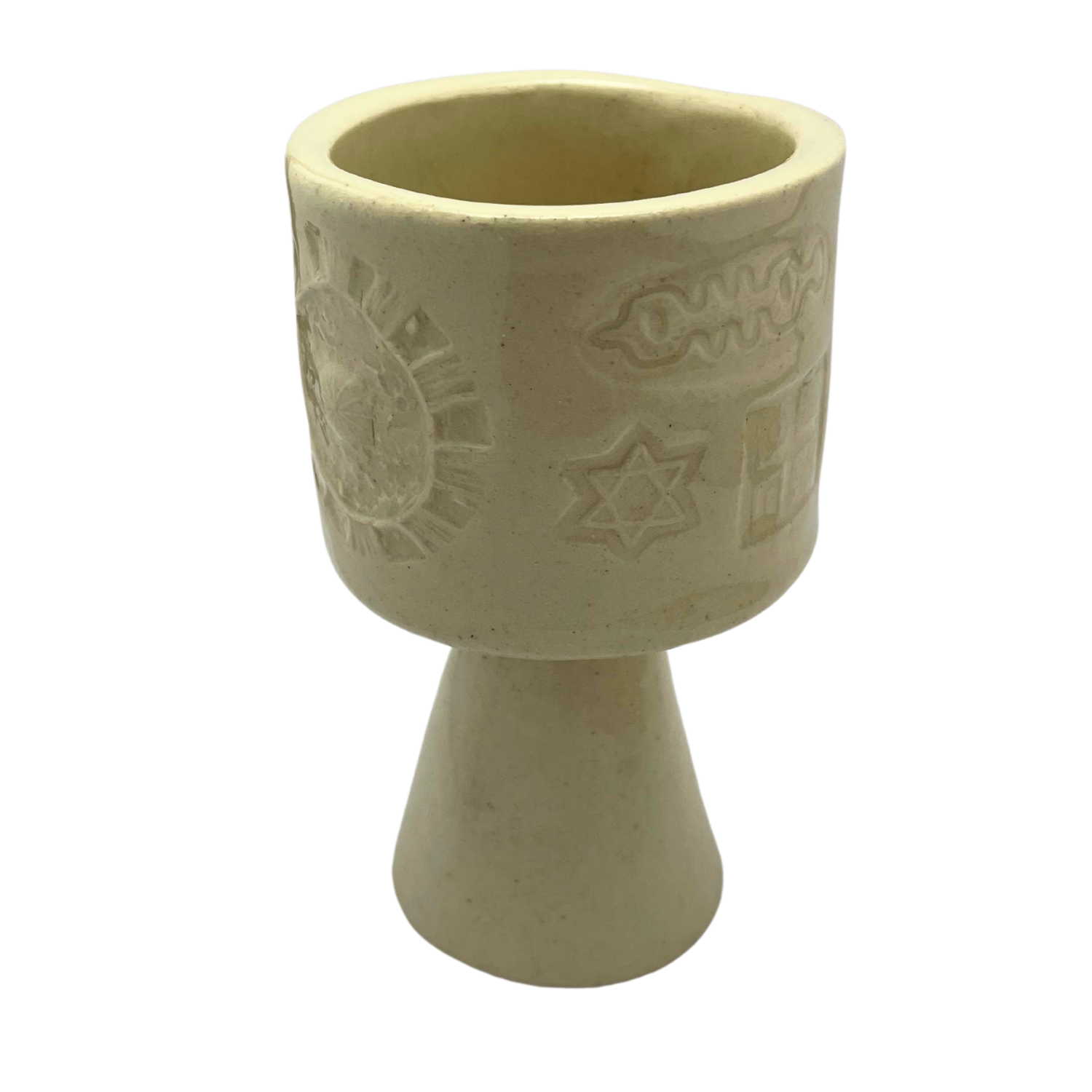 Jewish kiddish cup shabbat, ceramic handmade sabbath day cups, judaica store for judaism, painted pottery glasses shabbos, jewish gifts, jewish wedding, judaica art by Shana Ostrowiecki made in California, usa vintage style stemware off white cream