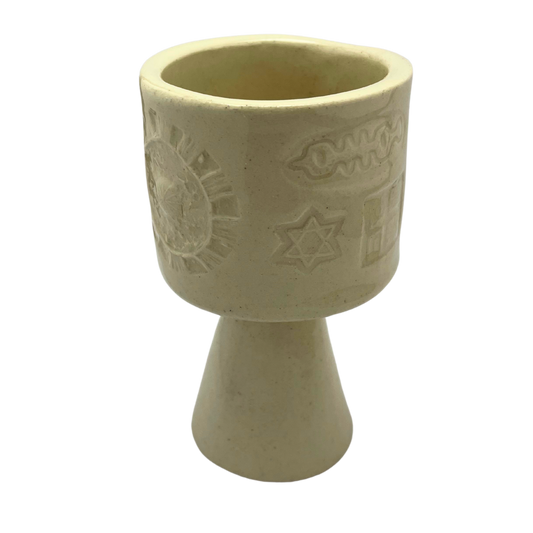 Jewish kiddish cup shabbat, ceramic handmade sabbath day cups, judaica store for judaism, painted pottery glasses shabbos, jewish gifts, jewish wedding, judaica art by Shana Ostrowiecki made in California, usa vintage style stemware off white cream