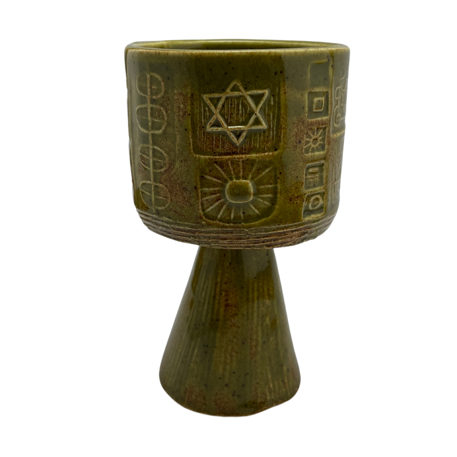 Jewish kiddish cup shabbat, ceramic handmade sabbath day cups, judaica store for judaism, painted pottery glasses shabbos, jewish gifts, jewish wedding, judaica art by Shana Ostrowiecki made in California, usa vintage style stemware green brown olive