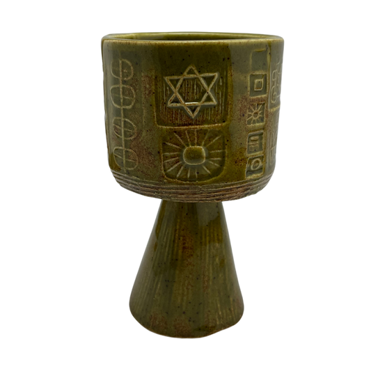 Jewish kiddish cup shabbat, ceramic handmade sabbath day cups, judaica store for judaism, painted pottery glasses shabbos, jewish gifts, jewish wedding, judaica art by Shana Ostrowiecki made in California, usa vintage style stemware green brown olive