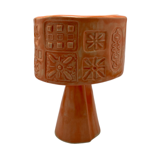 Jewish kiddish cup shabbat, ceramic handmade sabbath day cups, judaica store for judaism, painted pottery glasses shabbos, jewish gifts, jewish wedding, judaica art by Shana Ostrowiecki made in California, usa vintage style stemware orange peach bright
