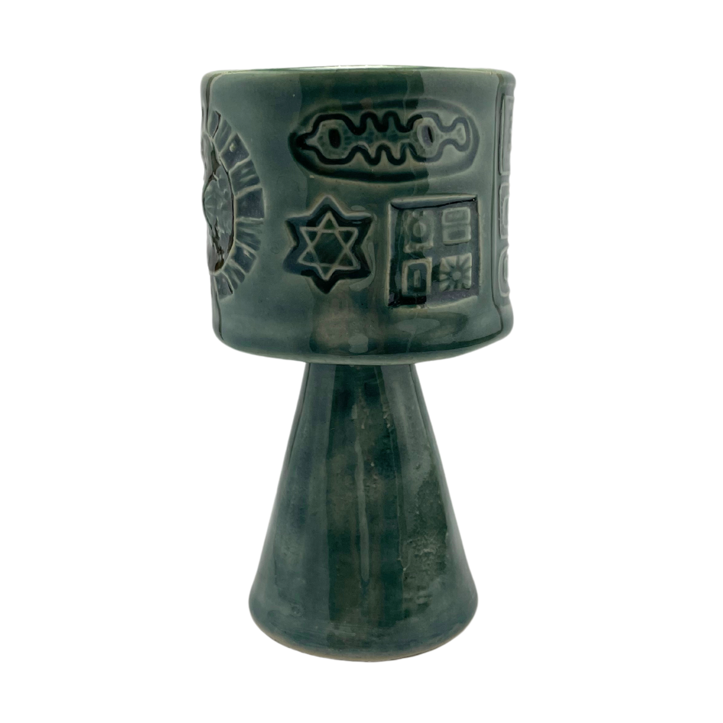 Jewish kiddish cup shabbat, ceramic handmade sabbath day cups, judaica store for judaism, painted pottery glasses shabbos, jewish gifts, jewish wedding, judaica art by Shana Ostrowiecki made in California, usa vintage style stemware teal blue turquoise