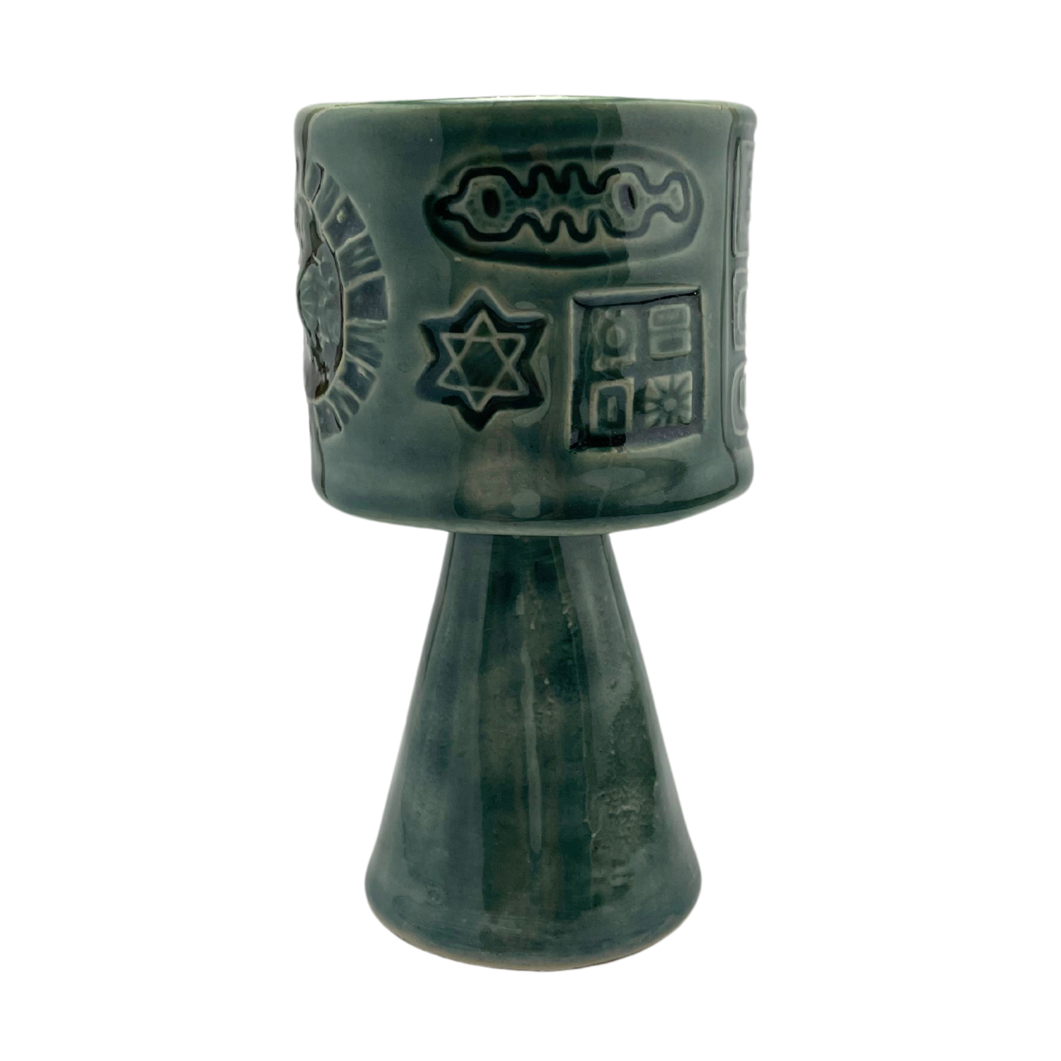 Jewish kiddish cup shabbat, ceramic handmade sabbath day cups, judaica store for judaism, painted pottery glasses shabbos, jewish gifts, jewish wedding, judaica art by Shana Ostrowiecki made in California, usa vintage style stemware teal blue turquoise
