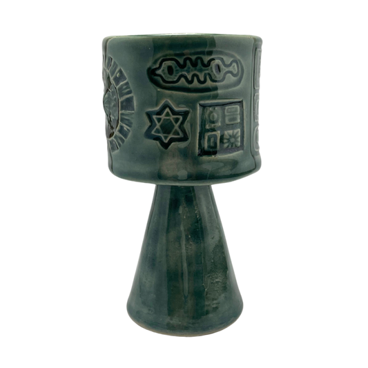 Jewish kiddish cup shabbat, ceramic handmade sabbath day cups, judaica store for judaism, painted pottery glasses shabbos, jewish gifts, jewish wedding, judaica art by Shana Ostrowiecki made in California, usa vintage style stemware teal blue turquoise