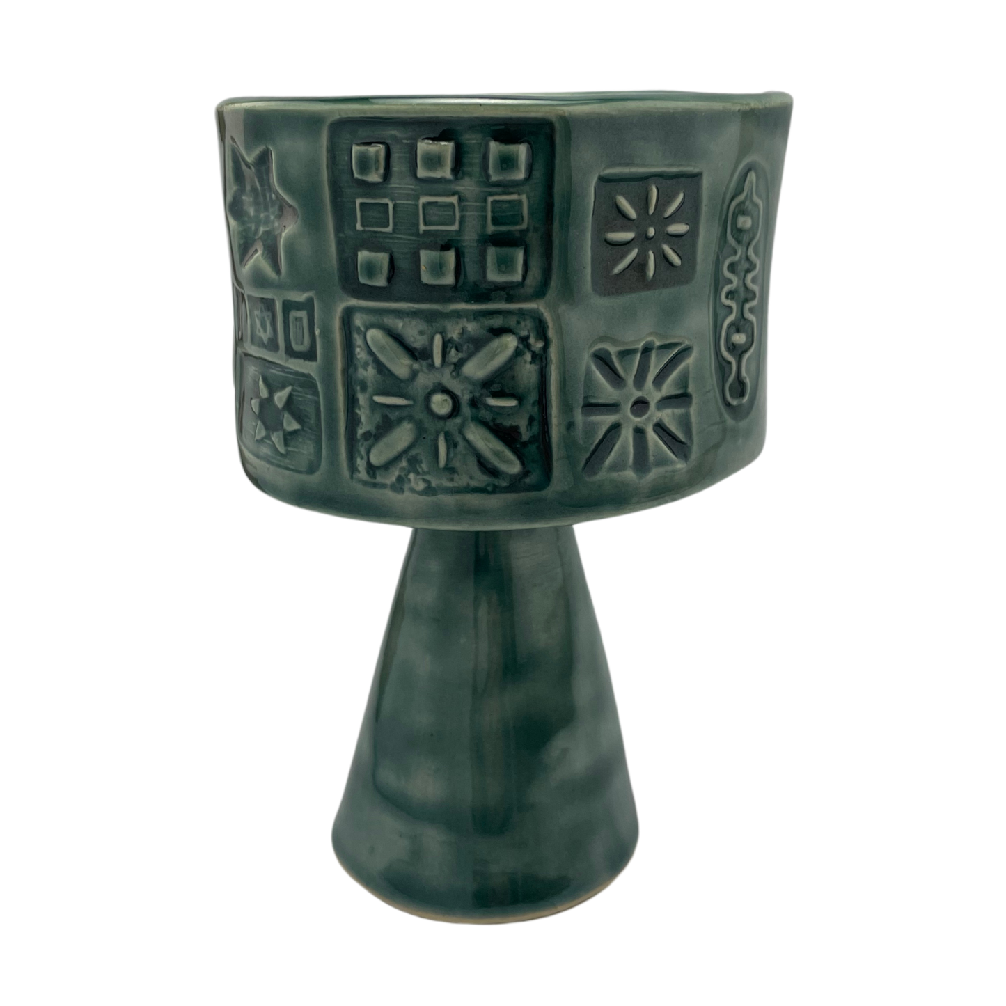 Jewish kiddish cup shabbat, ceramic handmade sabbath day cups, judaica store for judaism, painted pottery glasses shabbos, jewish gifts, jewish wedding, judaica art by Shana Ostrowiecki made in California, usa vintage style stemware teal blue turquoise