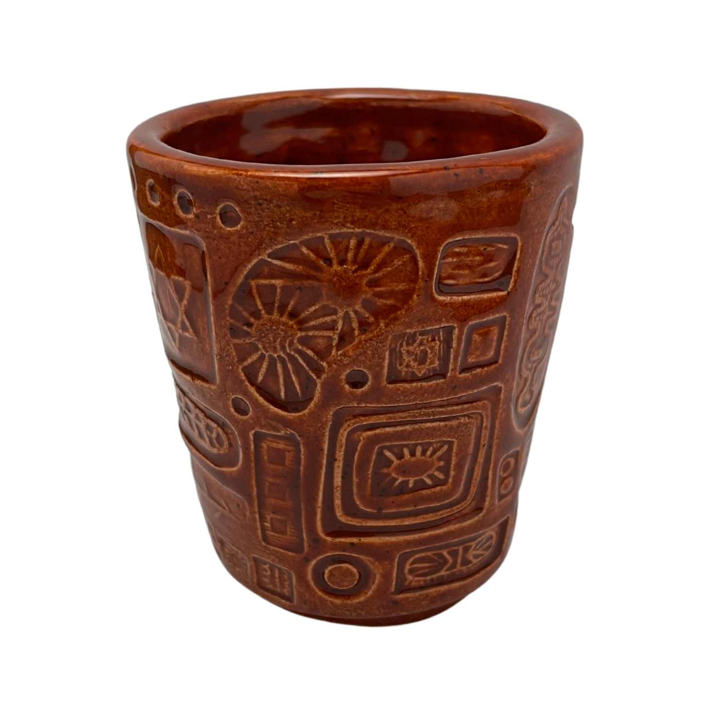 Jewish kiddush cup shabbat, ceramic handmade sabbath day cups, judaica store for judaism, painted pottery glasses shabbos, jewish gifts, jewish wedding, judaica art by Shana Ostrowiecki made in California, usa burnt orange brown red vintage style